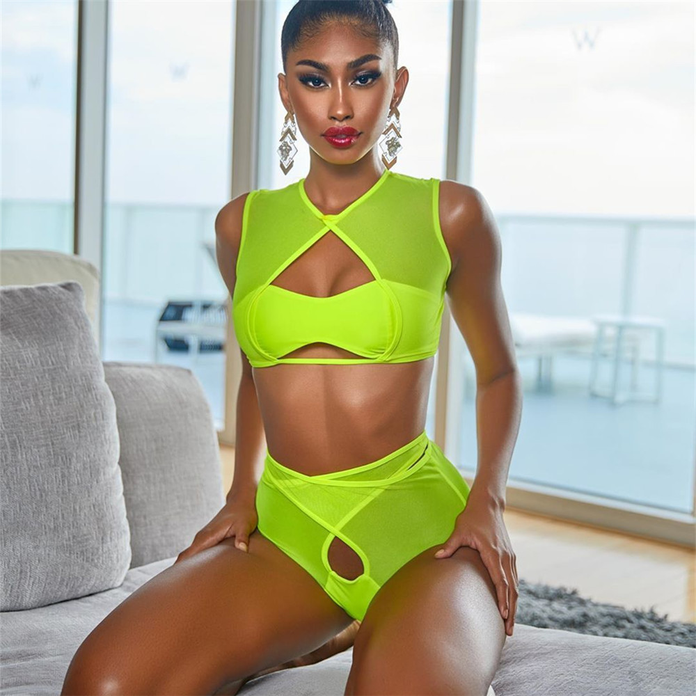 

Neon Yellow Swimsuit High Waist Bikini Sets Women Mesh Thong Swimwear Bandeau Tops Female Sexy Cut Out Bathing Suit Swim 210520, Neon pink
