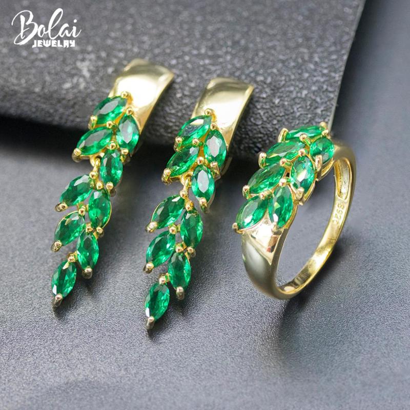 

Bolai Russian Nano Emerald Leaf Jewelry Sets 925 Sterling Silver Created Green Gemstone Dangle Earrings Ring For Women's Summer Bracelet, Black