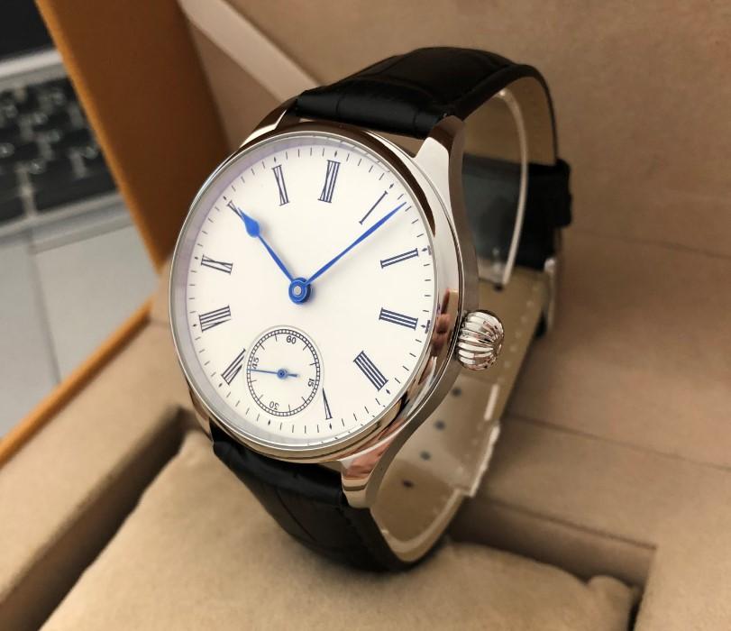 

Wristwatches 41mm No Logo Enamel White Dial Asian 6498 17 Jewels Mechanical Hand Wind Movement Blue Hands Men's Watches GR23-21, Mineral glass