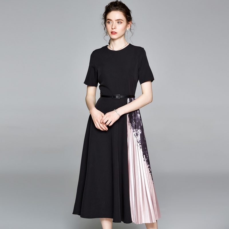 

Women's Fashion Summer print dress Short sleeve High waist Ink printing Elegant Vintage Office Chic pleated 210520, Photo color