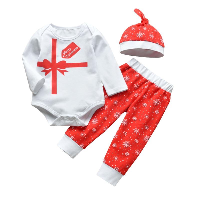 

Clothing Sets 3Pcs Born Baby Girl Outfit Set Christmas Clothes Fashion Print Long Sleeve Romper Bodysuit +Pants+Cap Toddler Suit, Merry christmas