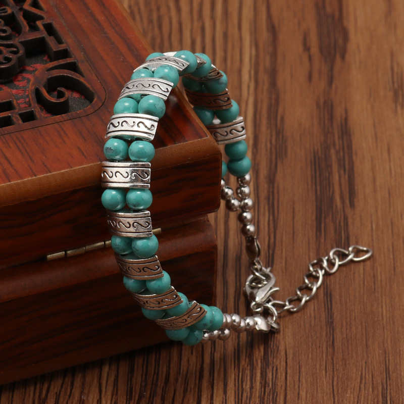 

women's Double row beaded Tibetan silver Turquoise Link Chain Bracelets GSTQB009 fashion gift national style women men's DIY bracelet