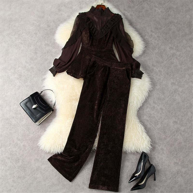 

Women' Two Piece Pants Autumn Winter 2021 OL 2 Outfits Vintage Lantern Sleeve Ruffles Lace Velvet Blouse Top + Set Trousers Suits, Black