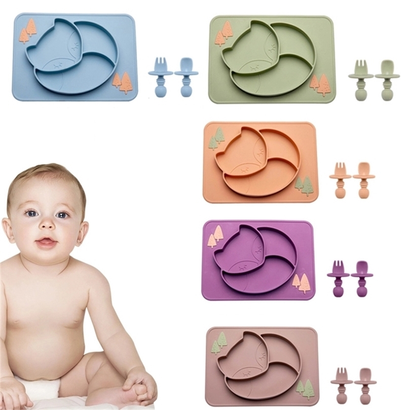 1Set Baby Silicone Plate Toddler Bowl Spoon Cartoon Silica Gel plate Children's Dinner Food Grade Dishes 211026-image-735203008