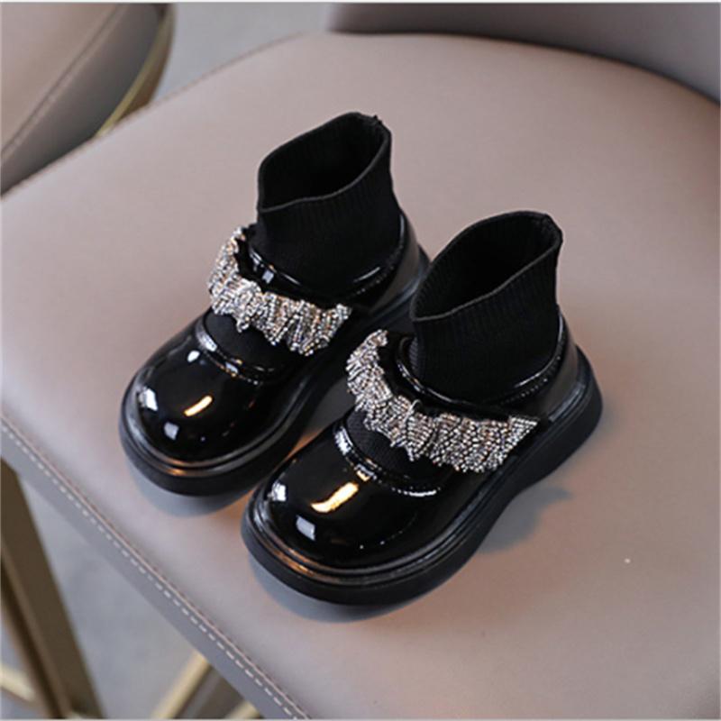 

Boots 2021 Autumn Children Shoes For Girls Rhinestone Leather Knit Stitching Princess Fashion Kids, Black;grey