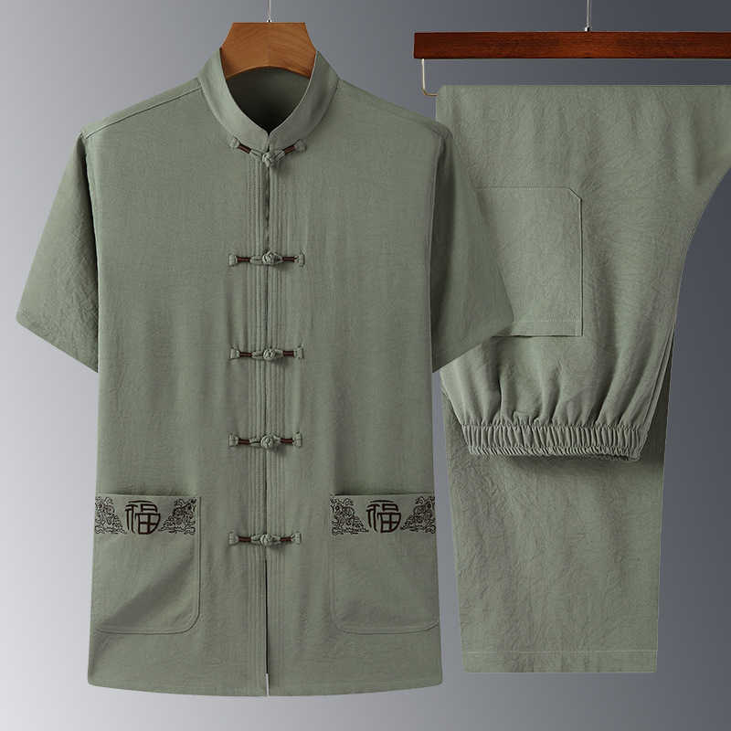 

Men's mbroidery stand collar suit men's middleaged two piece Tang suits, Light gray