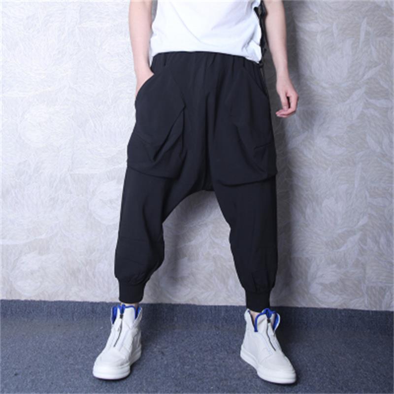 

Men's Pants Fashion Brand Small Feet Nine-point Trousers Harem Personality Big Pockets Loose Crotch Sagging Men, Black