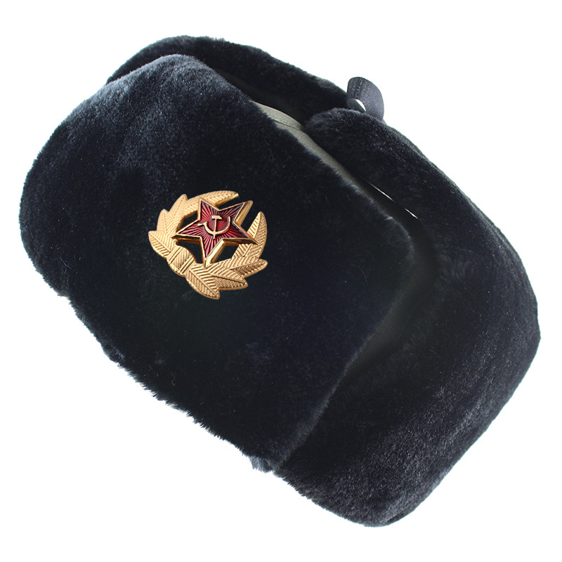 

Soviet Military Badge Russia Ushanka Bomber Hats Pilot Trapper trooper Hat Winter Faux Rabbit Fur Earflap Men Snow Capsg, Black hair - soviet