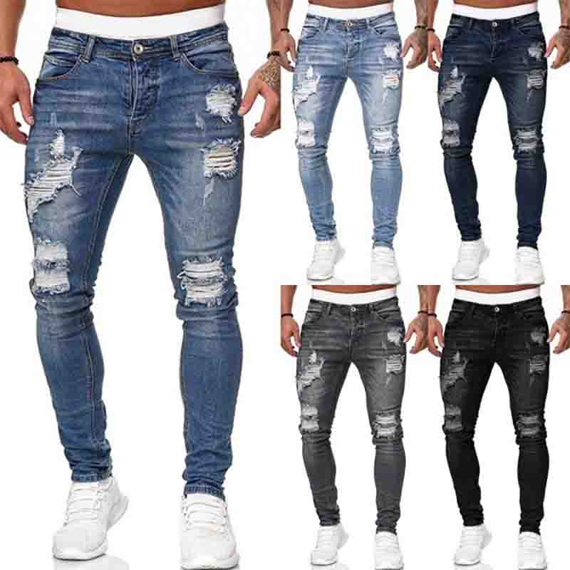 

Mens Jeans Fashion Hole Ripped Jeans Trousers Casual Men Skinny Jean High Quality Washed Vintage Pencil Pants 5 Colora Size S-3XL, Blue