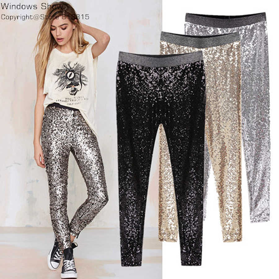 

Colysmo Sequin Trousers Women Sparkle Metallic Pants Skinny Woman Stretch Pencil High Waist 210527, Silver