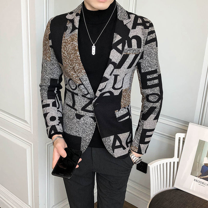 

Big Letter Print Woolblend Tweed Blazer Men Fall Winter Art Men Blazer Jacket Slim Fit Party Prom Club Pattern Blazer Homme, Blue