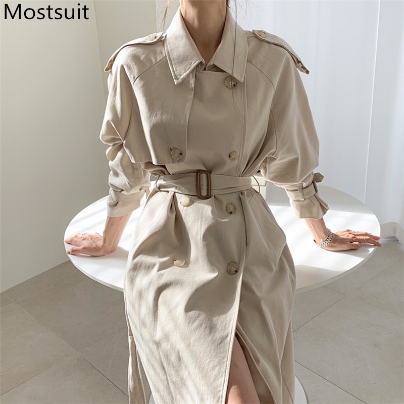 

High Quality Korean Fashion Women Long Trench Coat Double-breasted Turn-down Collar Belted Ladies Elegant Outercoat Overcoat 210518, Apricot