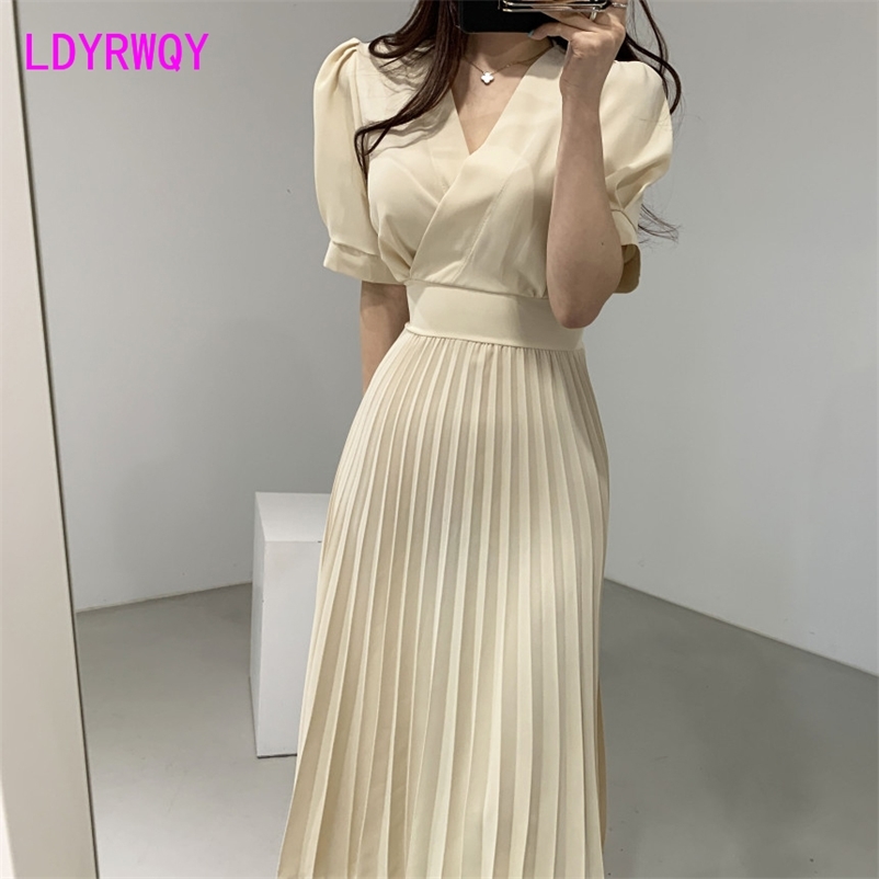 

LDYRWQY summer solid color slim-fit tie pleated short-sleeved V-neck fashion ladies dress Polyester Office Lady 210603, Yellow