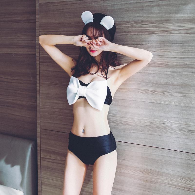 

Halter Wrap Chest Padded Bowknot Swimwear Mid Waist Bikini Set Korea Style Sexy Backless Lace Beach Sunbath Suit One-Piece Suits