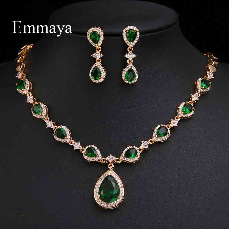 

Emmaya Arrival Rose Gold Green Waterdrop Appearance Zirconia Charming Costume Accessories Earrings And Necklace Jewelry Sets