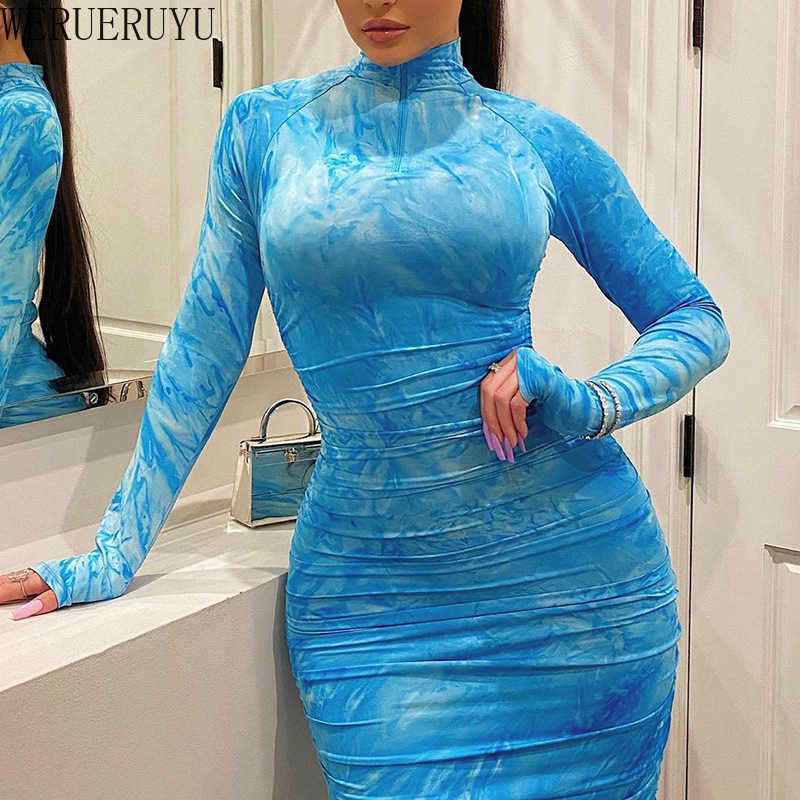 

WERUERUYU spring print turtleneck bodycon midi dress woman casual high street pleated slim zipper dress 210608, Photo color