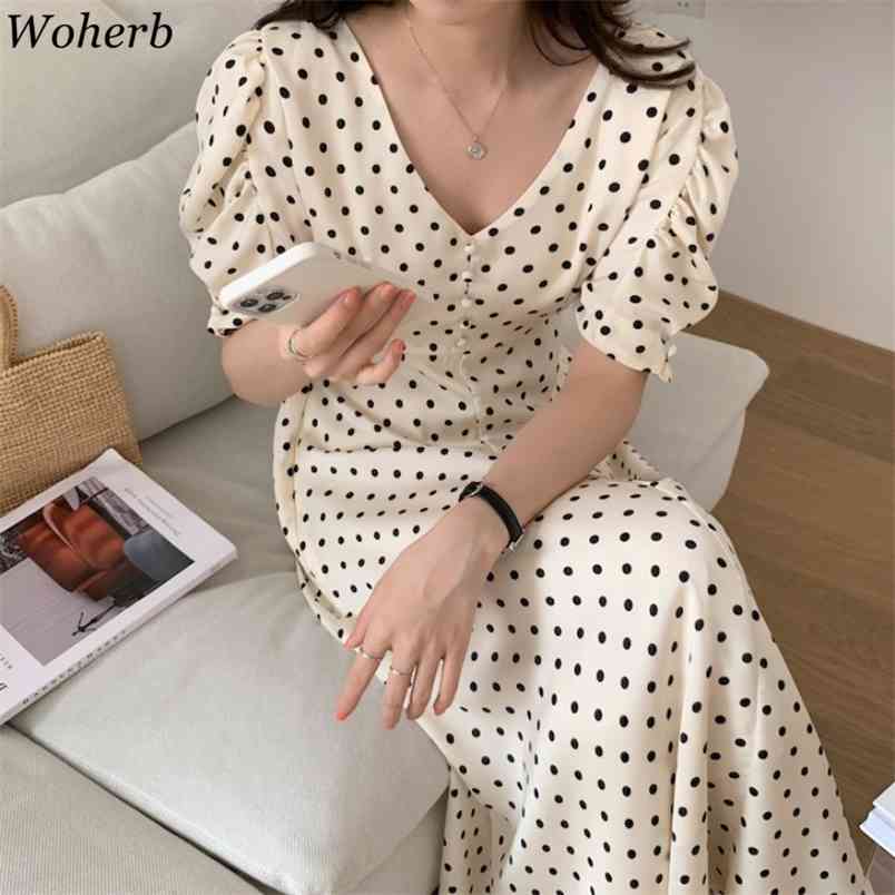 

Maxi Dresses Women Elegant Puff Sleeve Polka Dot Vestidos Summer Temperament Robe Loose Vintage Fashion Dress 4j320 210519, Creamy-white