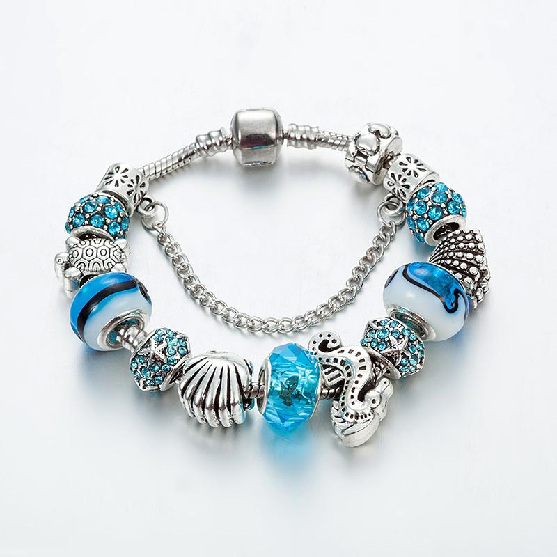 

Charm Bracelets Ocean Series Blue Murano Glasss Beads Starfish Bracelet Fit Original DIY Brand For Children Women Gift Jewelry, Golden;silver