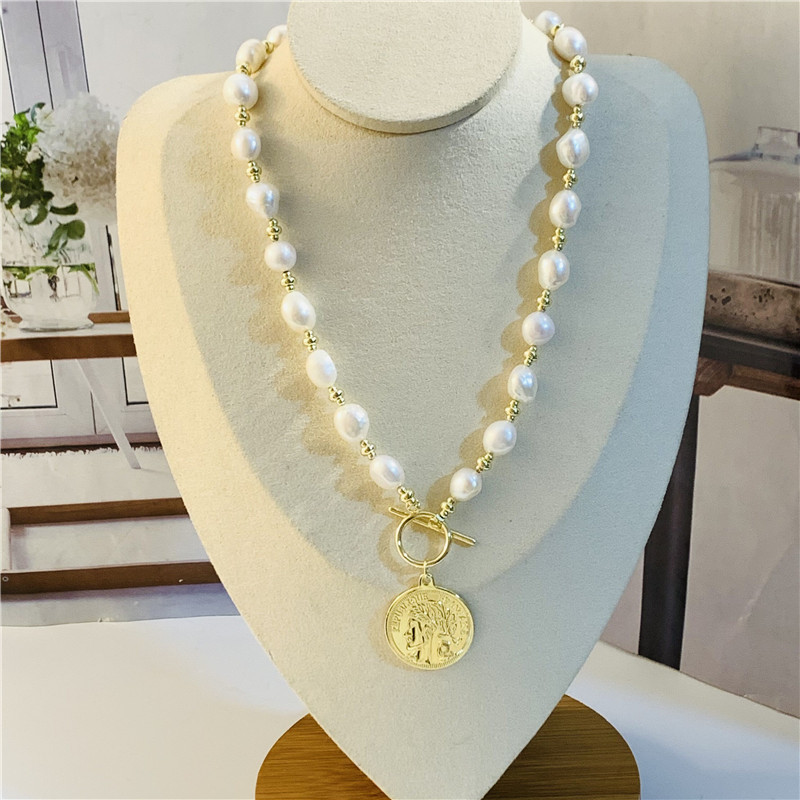

2021 Coin 100% Natural Fresh Water Baroque Pearl Neckalce For Women Pendants Toggle Chain 43cm Girl Jewelry Gift