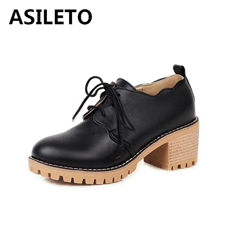 

Dress Shoes ASILETO 2021 Retro Ladies Pumps College Style Ruffles Platforms Lace Up Round Toe 6CM Chunky Heel US12 Black Beige A4398