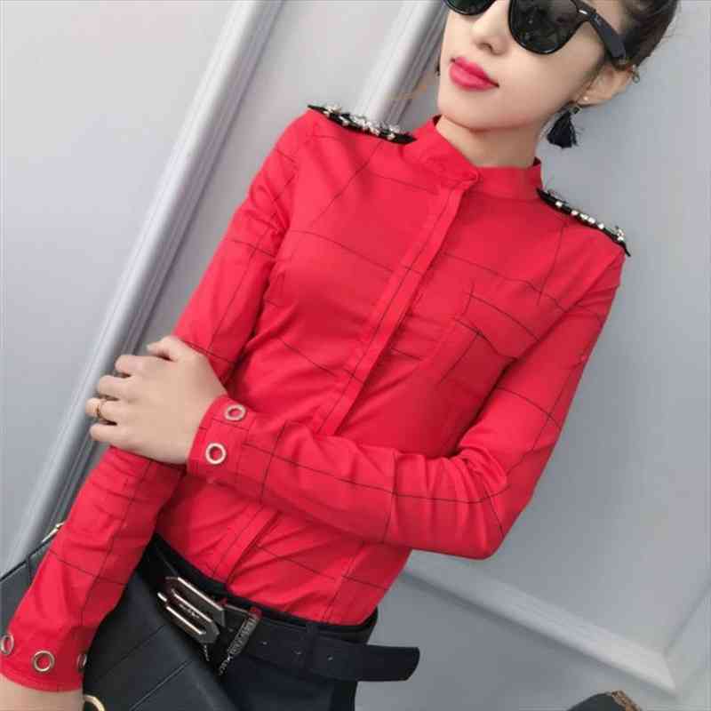 

Autumn England Long Sleeve Epaulet Cotton Shirts Women Fashion Plaid Cotton Shirts Women Shoulder Flash Tops, White