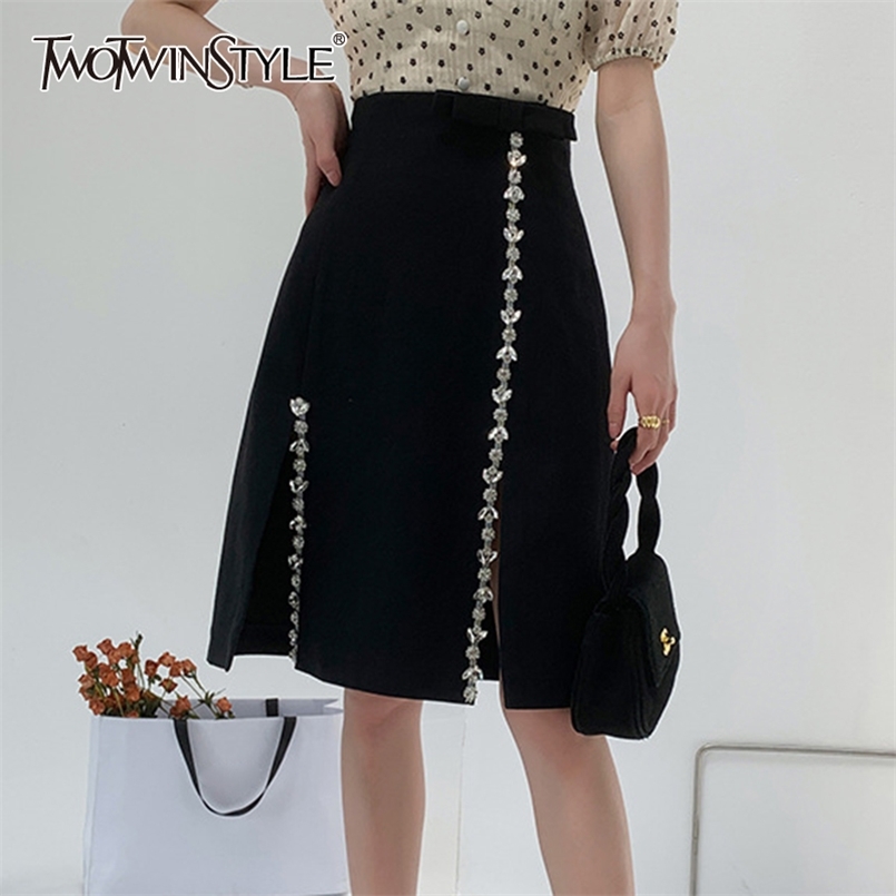 

Patchwork Diamond Black Skirt For Women High Waist Solid Side Split Designer Knee Length Skirts Female Clothing 210521