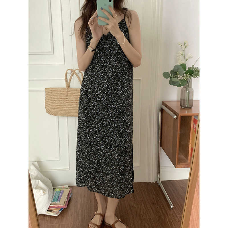 Huang Zheng Floral Split Suspender Skirt Women&#039;s 2021 Summer Korean Age Reducing Small Frh Medium Length Drs L72227-image-702222244