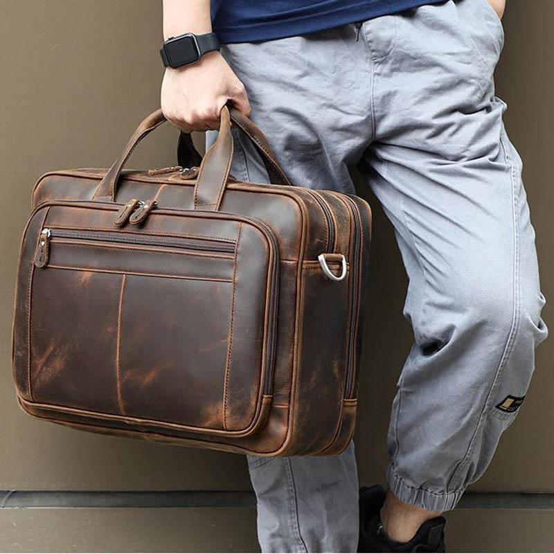 

Briefcases Men's Leather Briefcase, Business Portable Travel Bag, 17, 15, Large Capacity, Metal Zipper, Dark brown