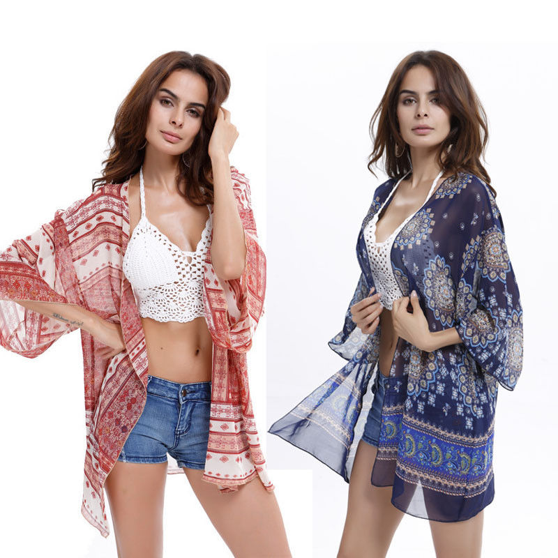 

Jacket Womens New Fashion Loose Floral Chiffon Open Stitch Beach Style Female Jacket Kaftan Summer Jackets Half Sleeve, Black;brown