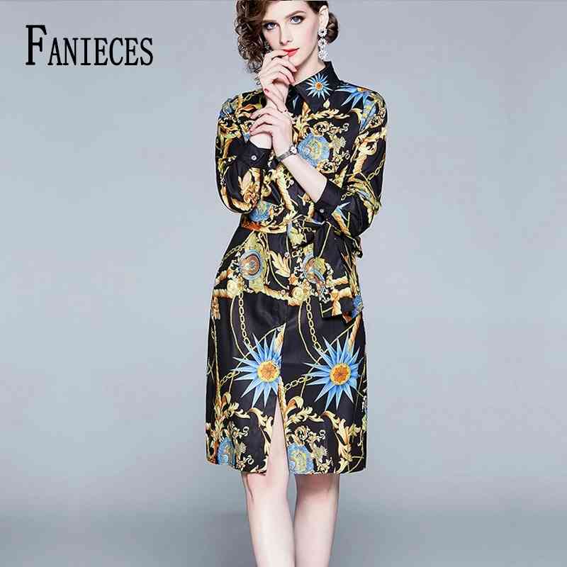 

est High-Quality Runway Print Shirt Dresses Women Elegant Office Vestidso Fashion office Ladies Party Flower Mini Dress robe 210520, Beige