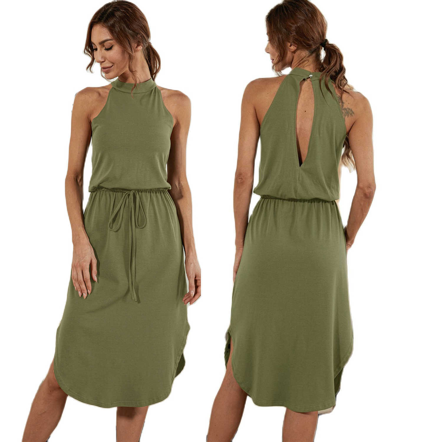 

Summer Women Dress Elegant Halter Sleeveless High Waist Lace Up Midi es Casual Backless Split Irregular Party Vestido 210526, Light gray