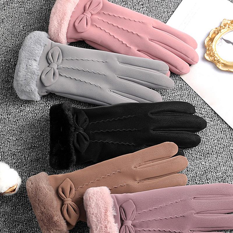 

Five Fingers Gloves Winter Women Outdoor Cycling Cashmere Thicken Windproof Warm Cute Bow Velvet Waterproof Touch Screen Driving Mittens, Blue;gray