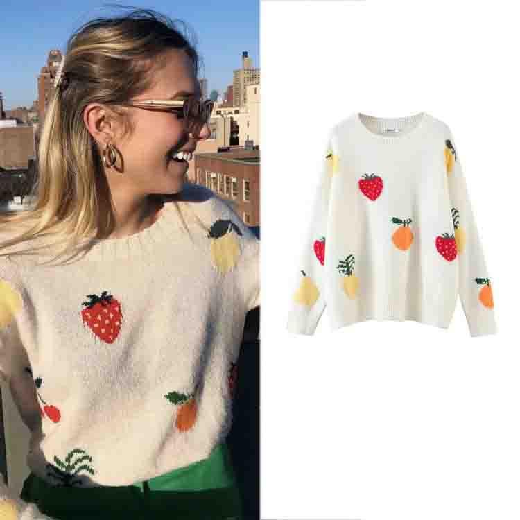 

Women's Sweaters Autumn Spring Strawberry Pineapple Fruits Solid Knitted Cotton Sweater Women Fashion Loose O-neck Pullover Female Dress, White