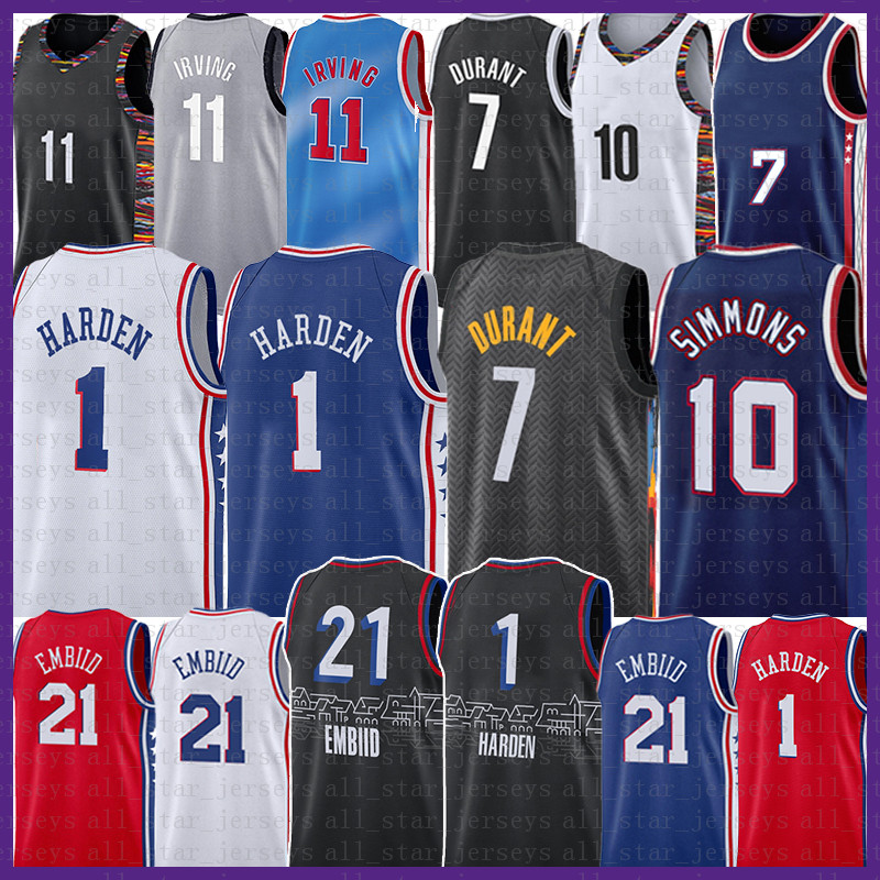 

James 1 Harden Ben 10 Simmons Basketball Jersey 7 Kevin Kyrie 11 Joel 21 Embiid Irving Durant Brooklyn''Nets''Men Philadelphia''76ers''Adult