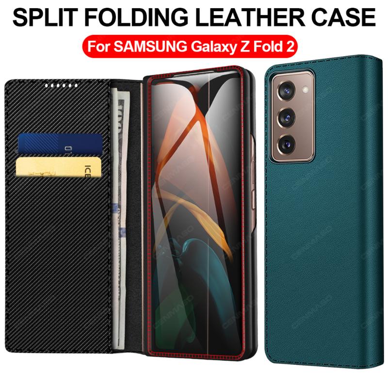 

For Galaxy Z Fold 2 Genuine Leather Flip Case 5G Magnetic Card Slots Wallet Cover Luxury Cell Phone Cases, Fiber texture