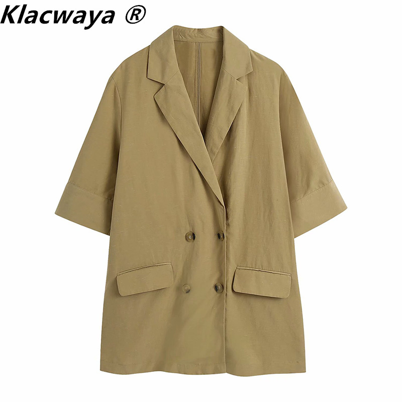 

Women Fashion Double Breasted Linen Blazer Coat Vintage Short Sleeve Flap Pockets Female Outerwear Chic Veste 210521, Khaki