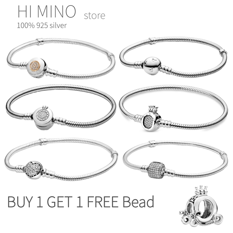 

100% 925 sterling silver for Women fit original Pan Charm chain Snake bracelet crown style classic DIY jewelry