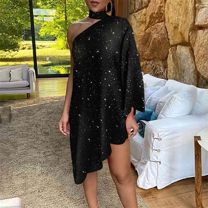 

Sexy One Shoulder Irregular Dress Halter Neck Leopard Floral Print Glittering Party Women Fashion Chic Ruffles 210603, Orange