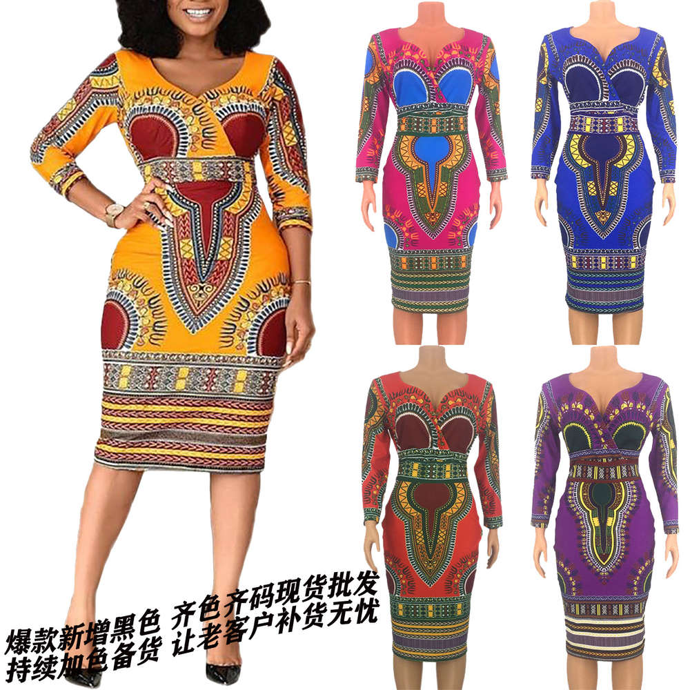 

V-neck 3 / 4 sleeve fashion sexy mid waist print slim fit bag hip skirt ethnic women's dress summer, Black;gray