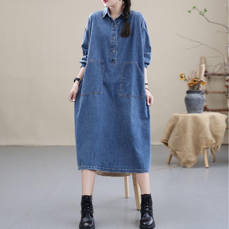 

Casual Dresses NINI WONDERLAND 2021 Autumn Cotton Denim Vintage Shirt Dress Women Turn-down Collar Long Sleeve Loose Korean Style, Black
