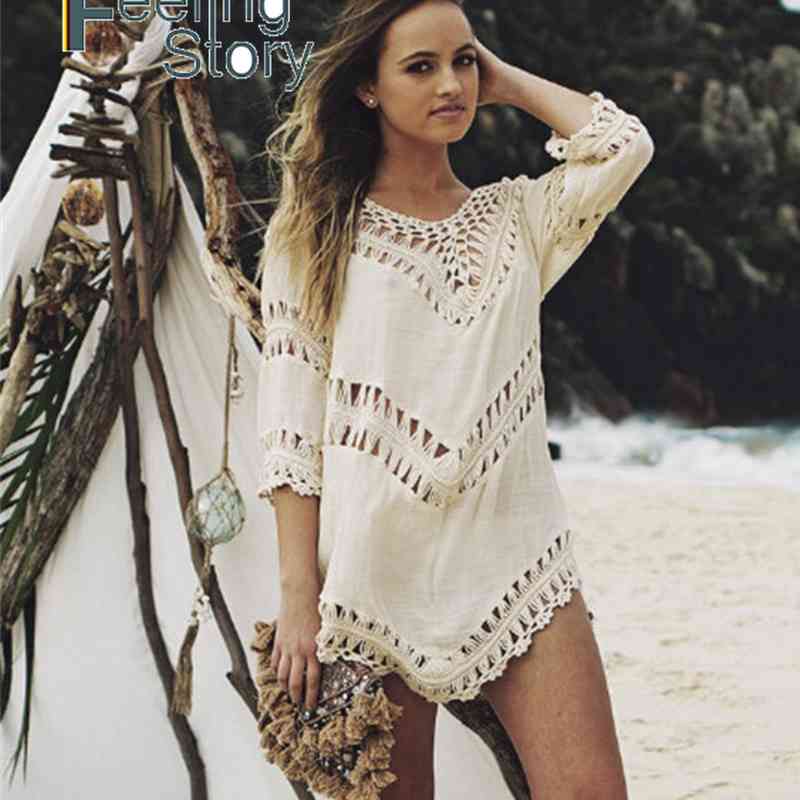 

White Beach Kimono Womens Summer Tops Hollow Out Cotton Crochet Blouses Boho Chic Blouse Shirts Bikini Long Cover Up 210603, Black