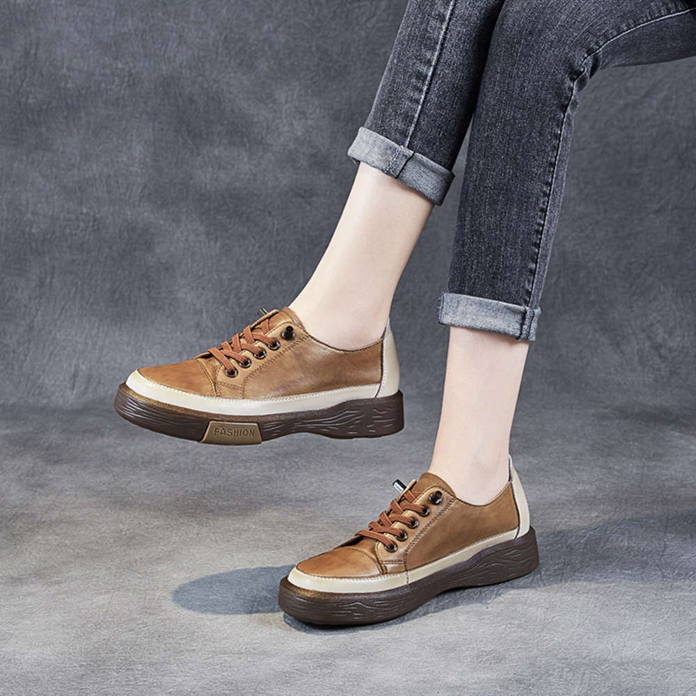 

Casual shoes 2021 spring new leather single shoes women's flat bottomed round head lace up casual 30LB, Black