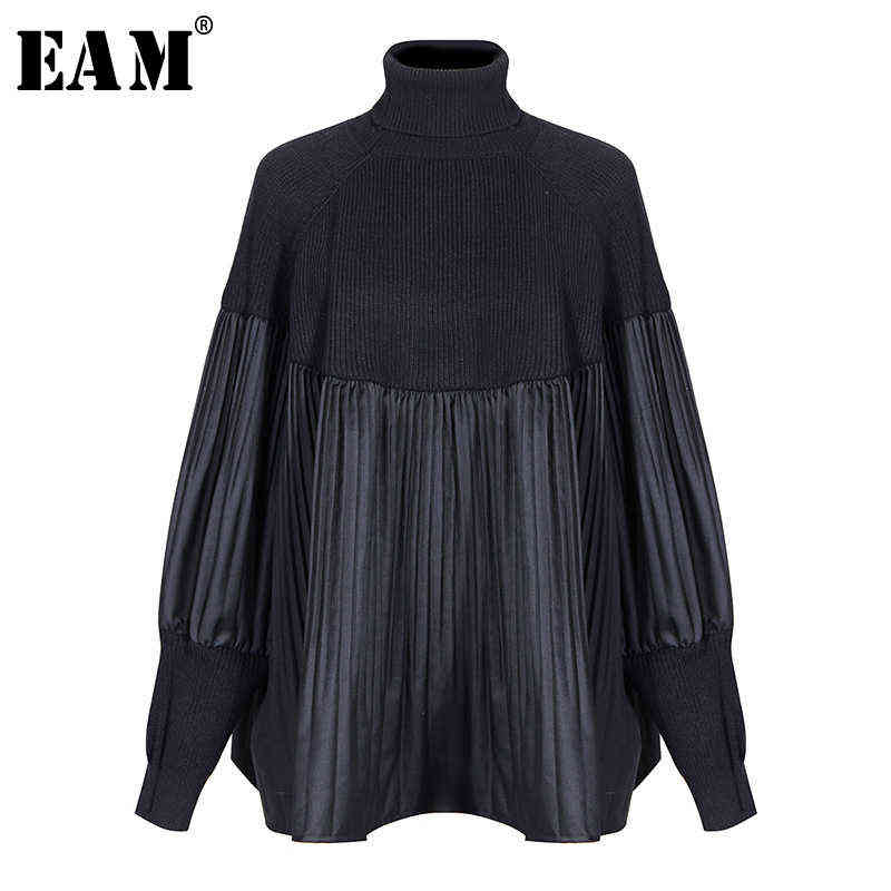 

[EAM] Pelated Split Big Size Knitting Sweater Loose Fit Turtleneck Long Sleeve Women Pullovers Fashion Spring 1M877 211109, Black