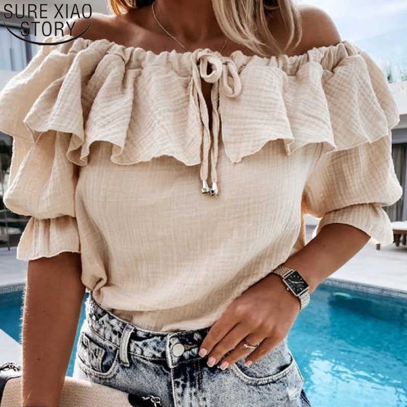 

Summer Short-sleeve Shirt Women' Beach Style Loose Plus Size Tops Clothes Fashion Slash Neck Solid Sexy Shirt 14589 210527, Black