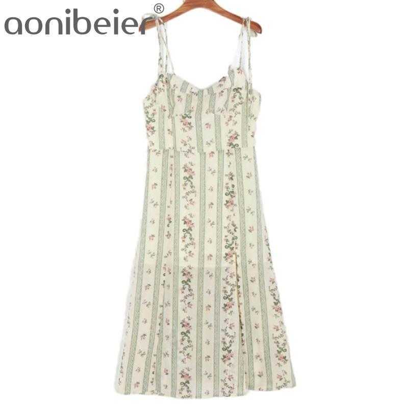 

Adjust Spaghetti Strap Split Dress Stripe Floral Print Summer Sleeveles Knee Length High Waist Midi 210604, 01
