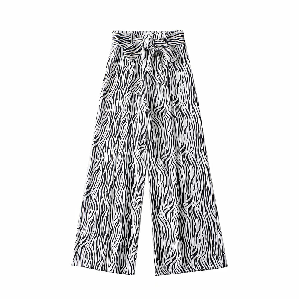 

Women Chic Fashion Side Zipper Belt Zebra Pattern Pants Vintage High Waist Leg Split Trousers Casual Female Pantalones 210520, Multi