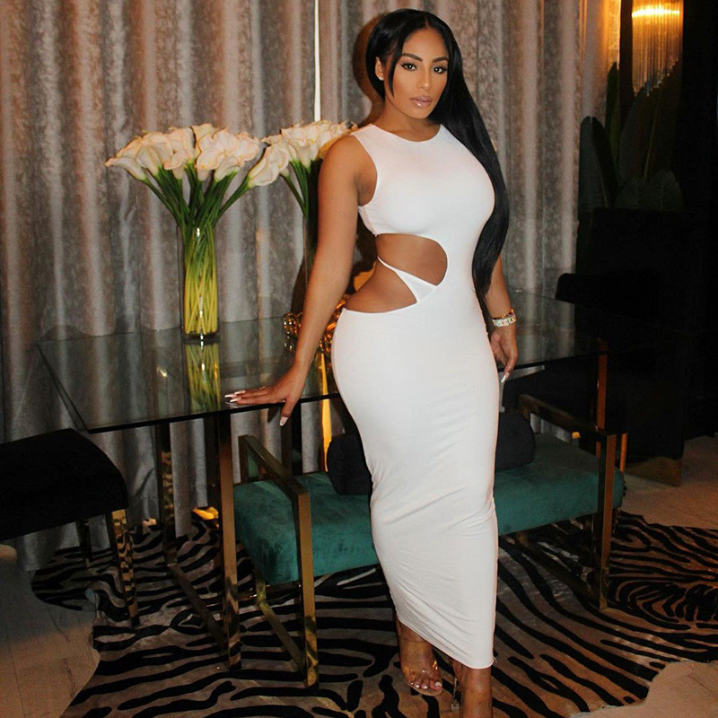 

Sleeveless Bodycon Maxi Dress For Women Side Hollow Out Midnight Club Outfits Solid Summer 2021 Party Dresses Slim, Black;gray