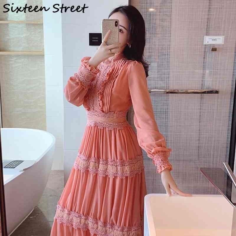 

New Elegant Long Dress Woman Lantern Sleeve Ruffles Chiffon Patchwork Runway Vestidos Lady Party Maxi Dress Female Spring 210325, Black