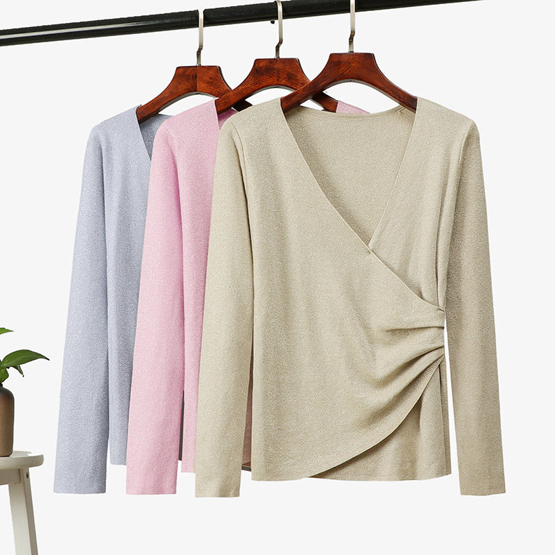 

Fashion Autumn Winter Knitted Sweater Women V-neck Cross Solid Casual Pullovers 210520, Apricot