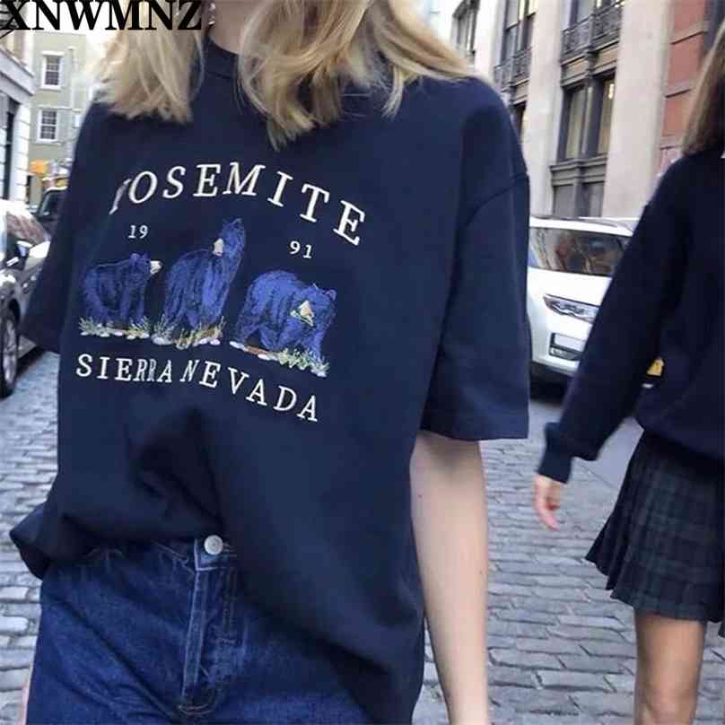 

Women Embroidery Bears Oversized T-shirt Short Sleeve Top Casual Tee 210520, Blue